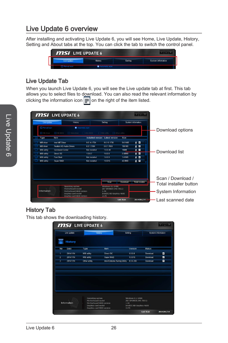 Live update 6 overview, Live update tab history tab, Live update 6 | MSI ATX Motherboard User Manual | Page 32 / 64