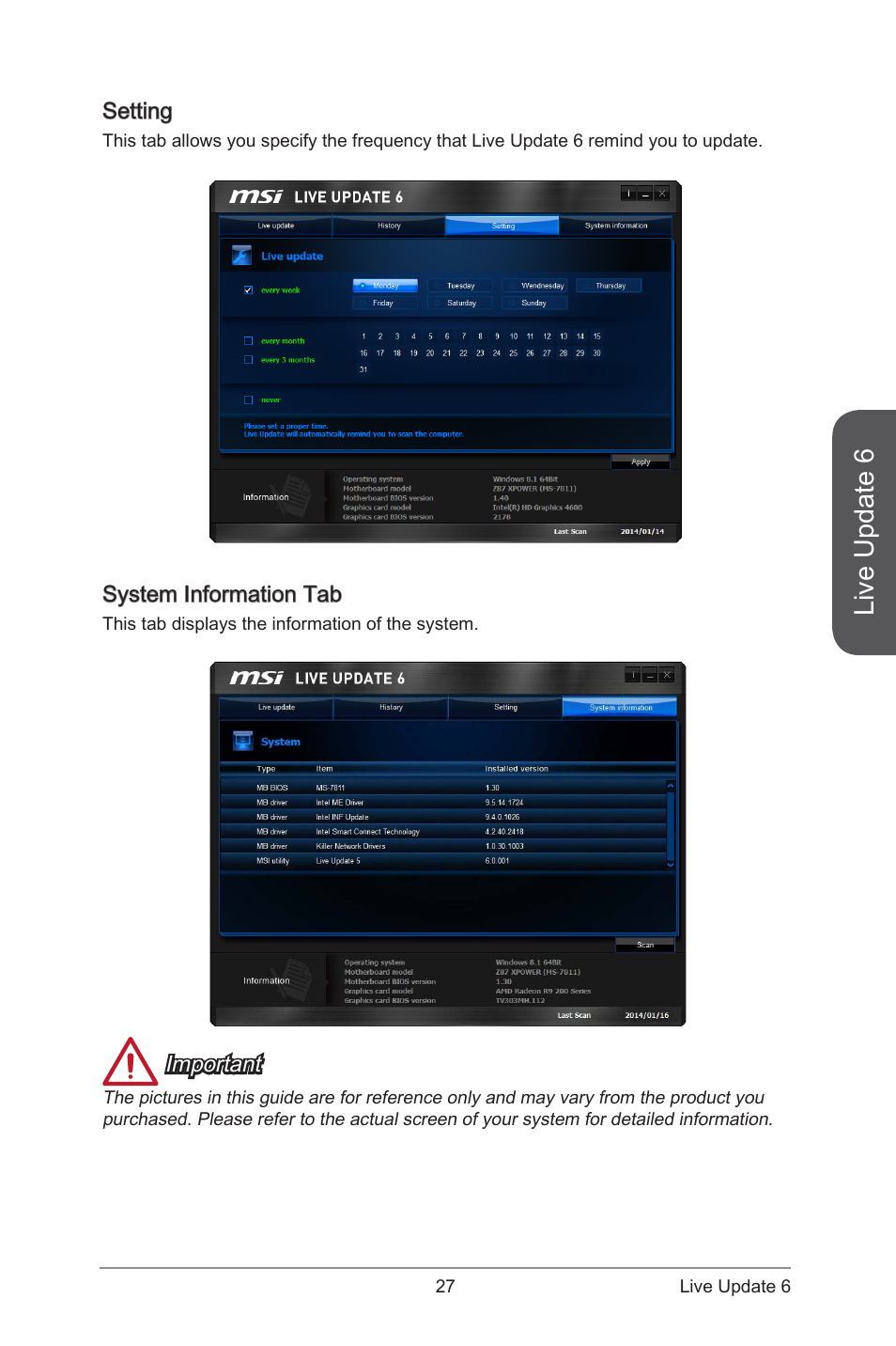 Setting system information tab, Live update 6 | MSI ATX Motherboard User Manual | Page 33 / 64