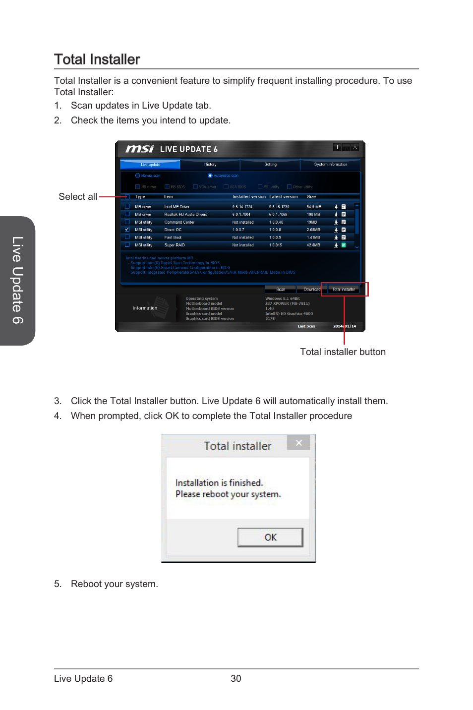 Total installer, Live update 6 | MSI ATX Motherboard User Manual | Page 36 / 64