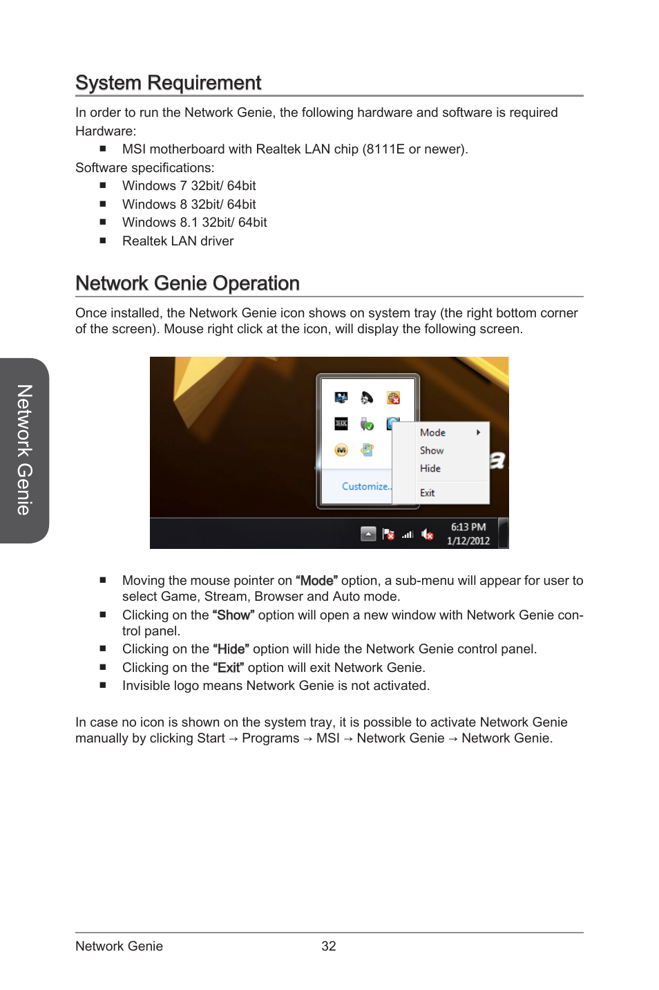 System requirement network genie operation, Network genie, System requirement | Network genie operation | MSI ATX Motherboard User Manual | Page 38 / 64