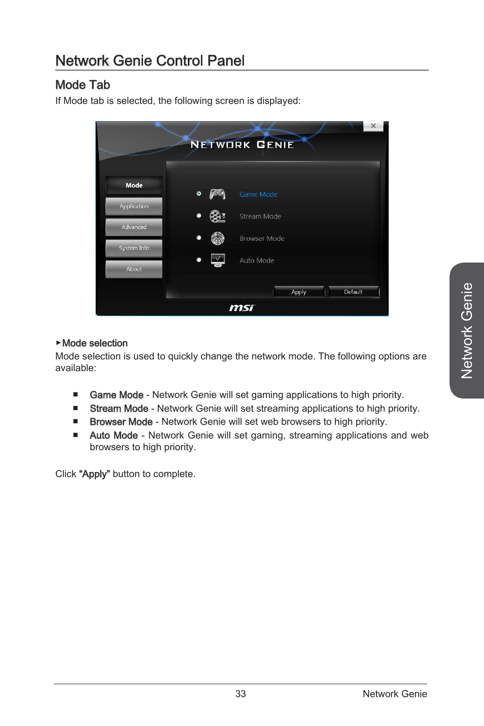 Network genie control panel, Mode tab, Network genie | MSI ATX Motherboard User Manual | Page 39 / 64