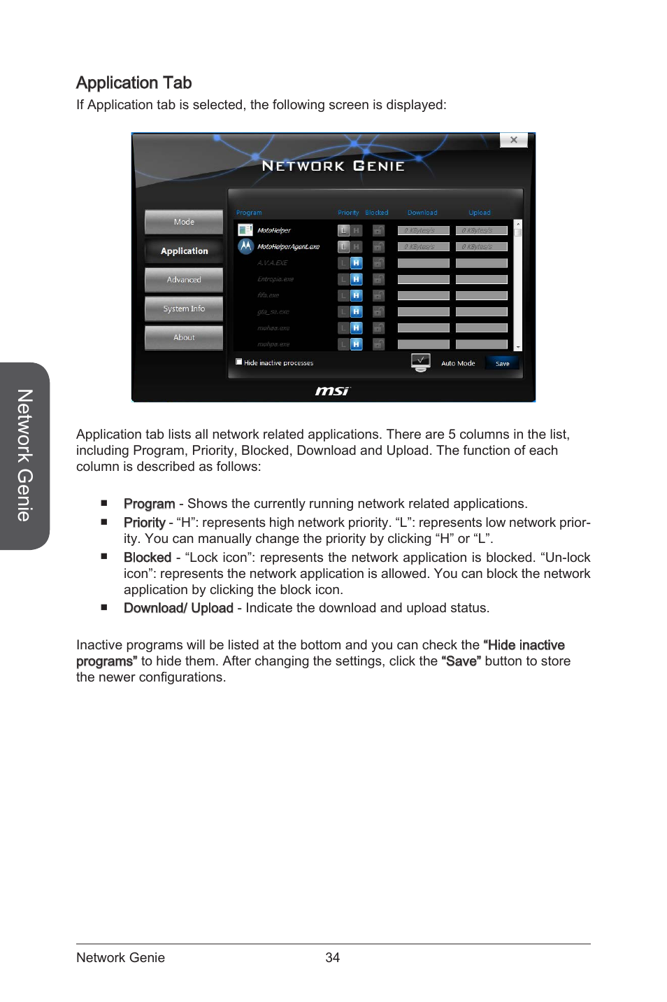 Application tab, Network genie | MSI ATX Motherboard User Manual | Page 40 / 64