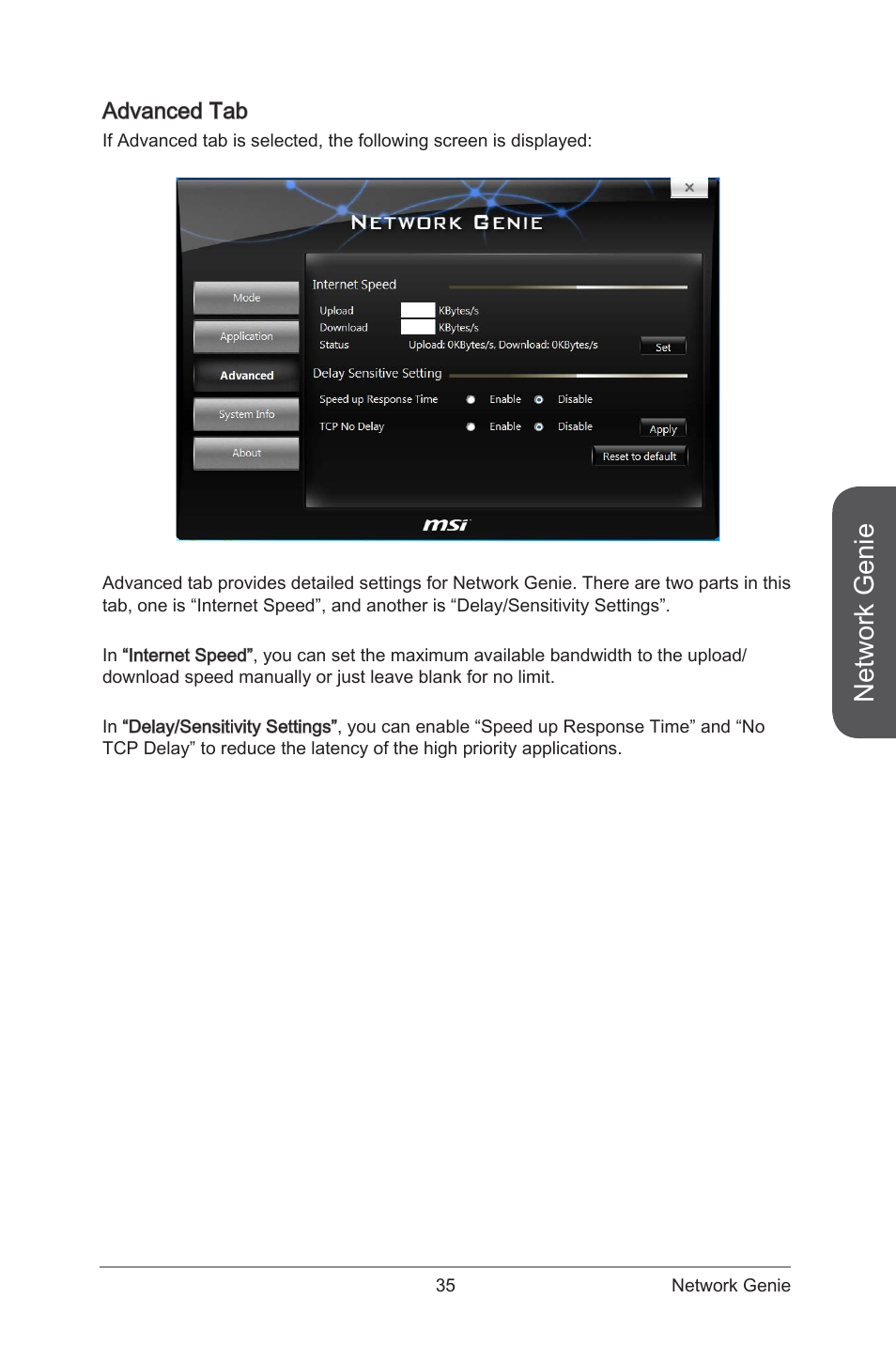 Advanced tab, Network genie | MSI ATX Motherboard User Manual | Page 41 / 64