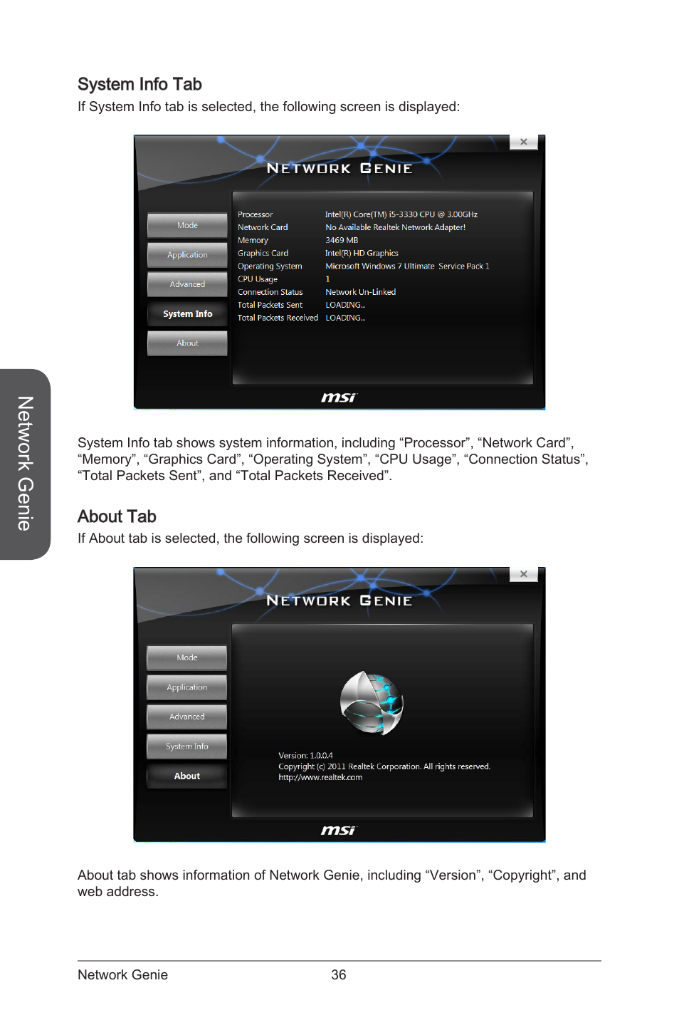 System info tab about tab, Network genie | MSI ATX Motherboard User Manual | Page 42 / 64