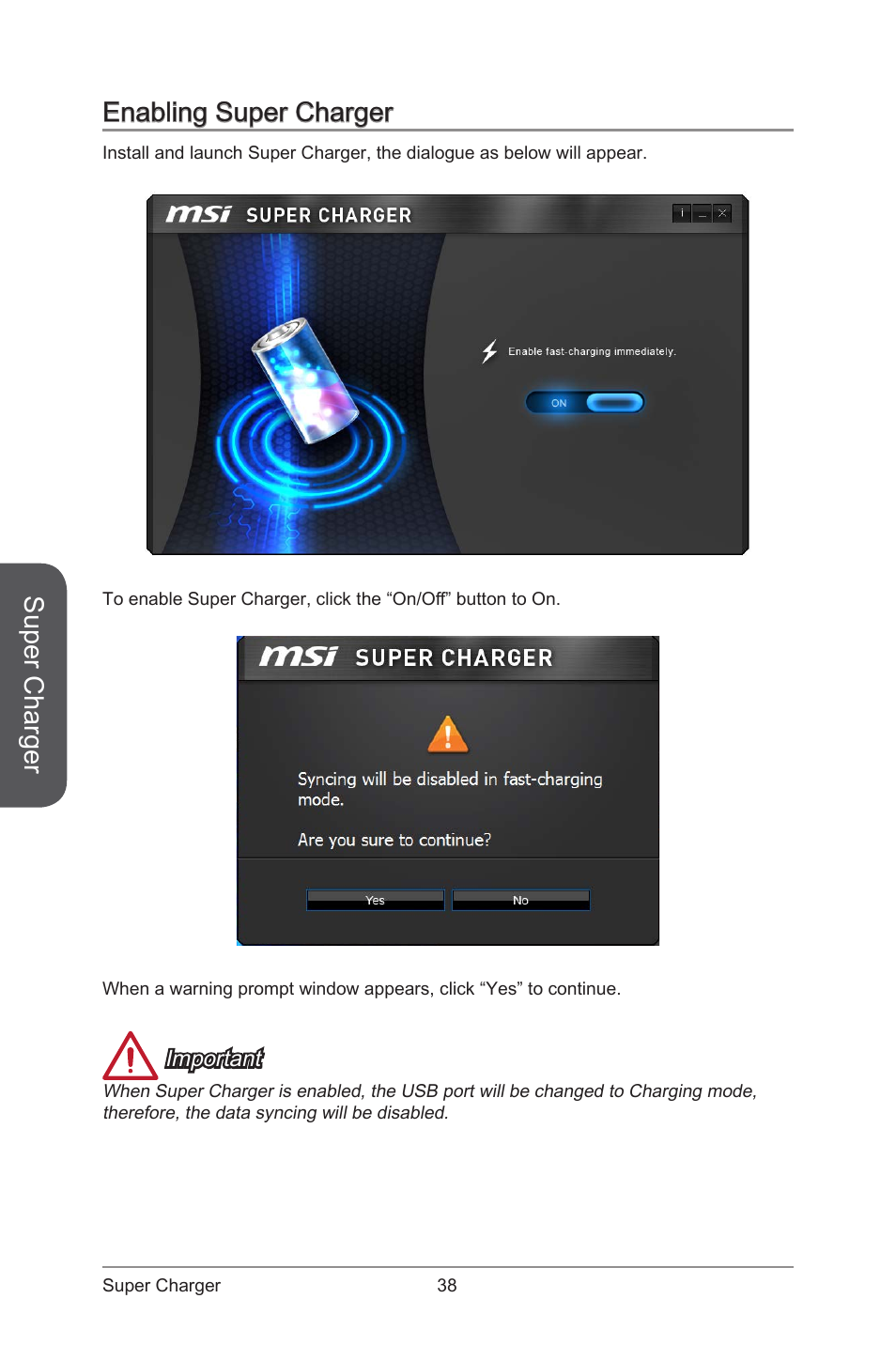 Enabling super charger, Super charger | MSI ATX Motherboard User Manual | Page 44 / 64