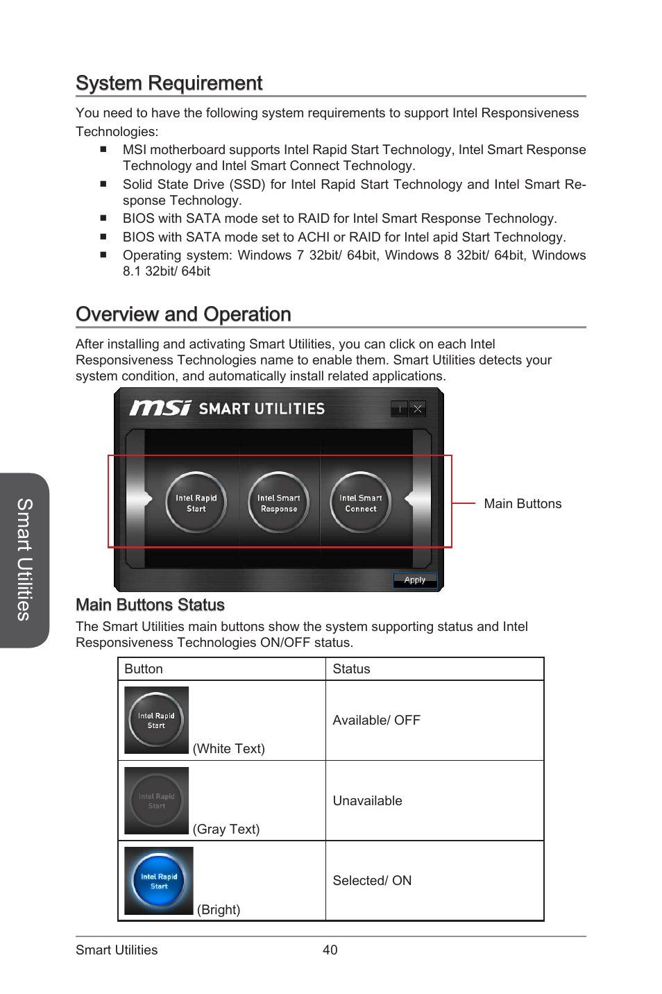 System requirement overview and operation, Main buttons status, Smart utilities | System requirement, Overview and operation | MSI ATX Motherboard User Manual | Page 46 / 64