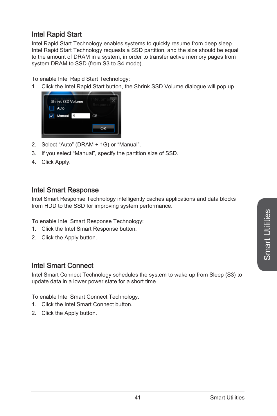 Smart utilities, Intel rapid start, Intel smart response | Intel smart connect | MSI ATX Motherboard User Manual | Page 47 / 64
