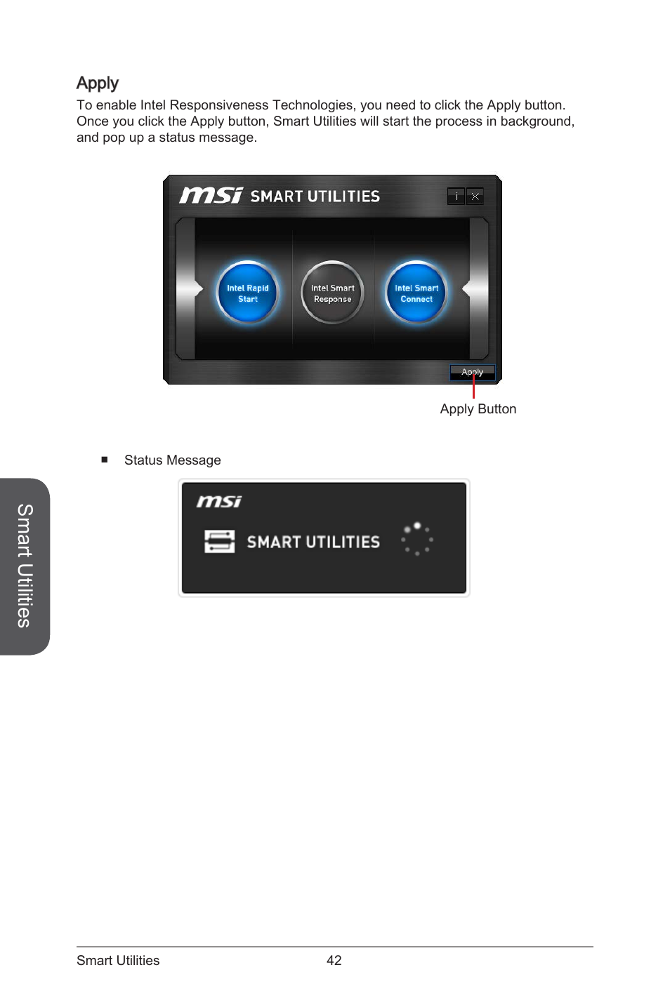 Apply, Smart utilities | MSI ATX Motherboard User Manual | Page 48 / 64