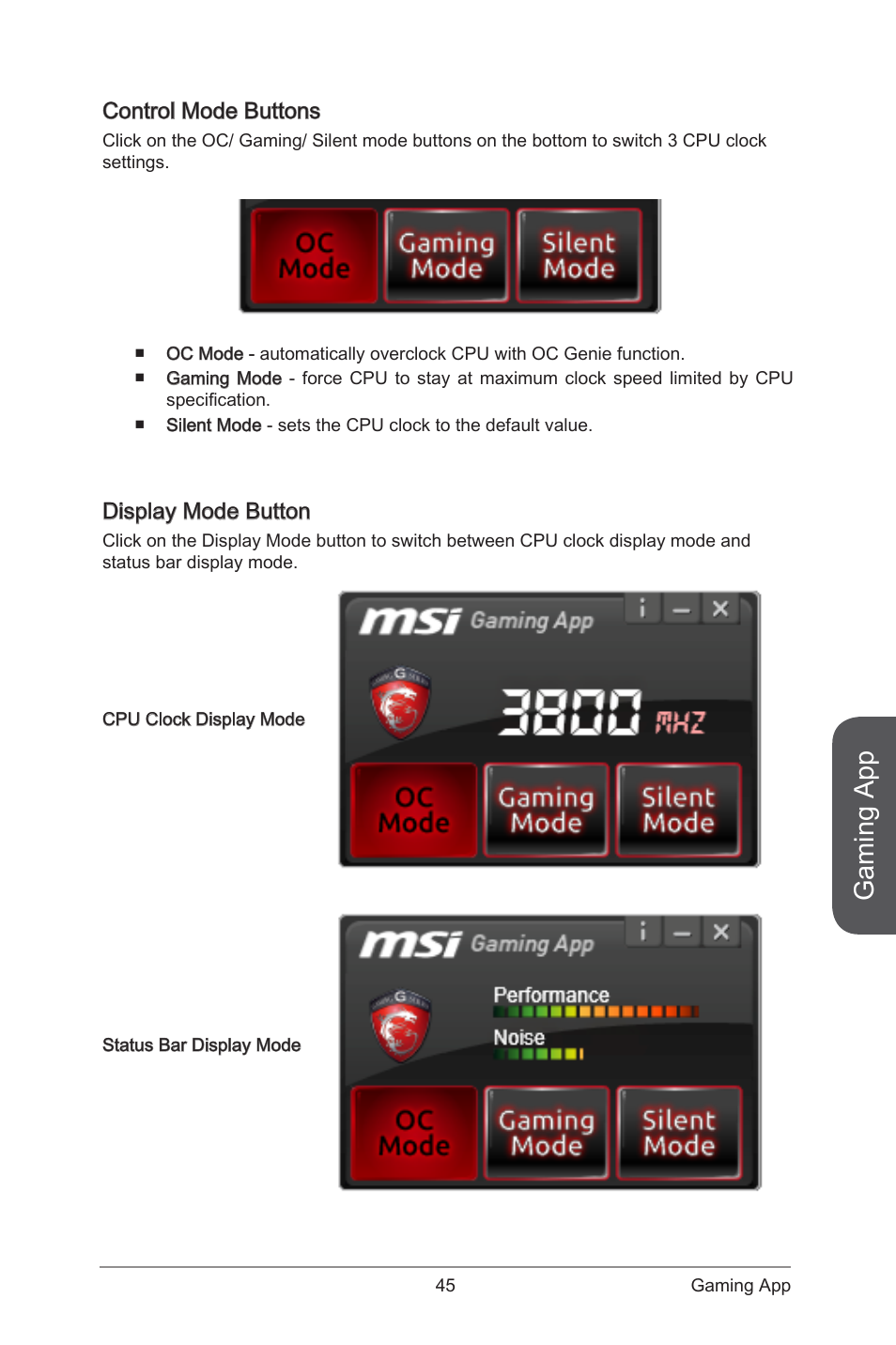 Control mode buttons display mode button, Gaming app, Control mode buttons | Display mode button | MSI ATX Motherboard User Manual | Page 51 / 64