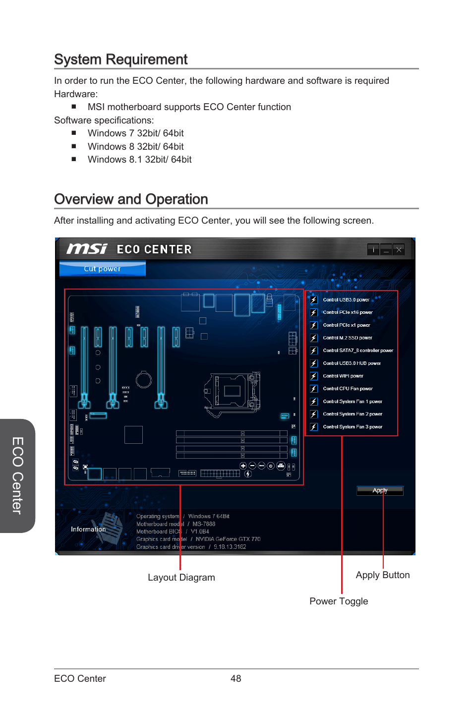 System requirement overview and operation, Eco center, System requirement | Overview and operation | MSI ATX Motherboard User Manual | Page 54 / 64