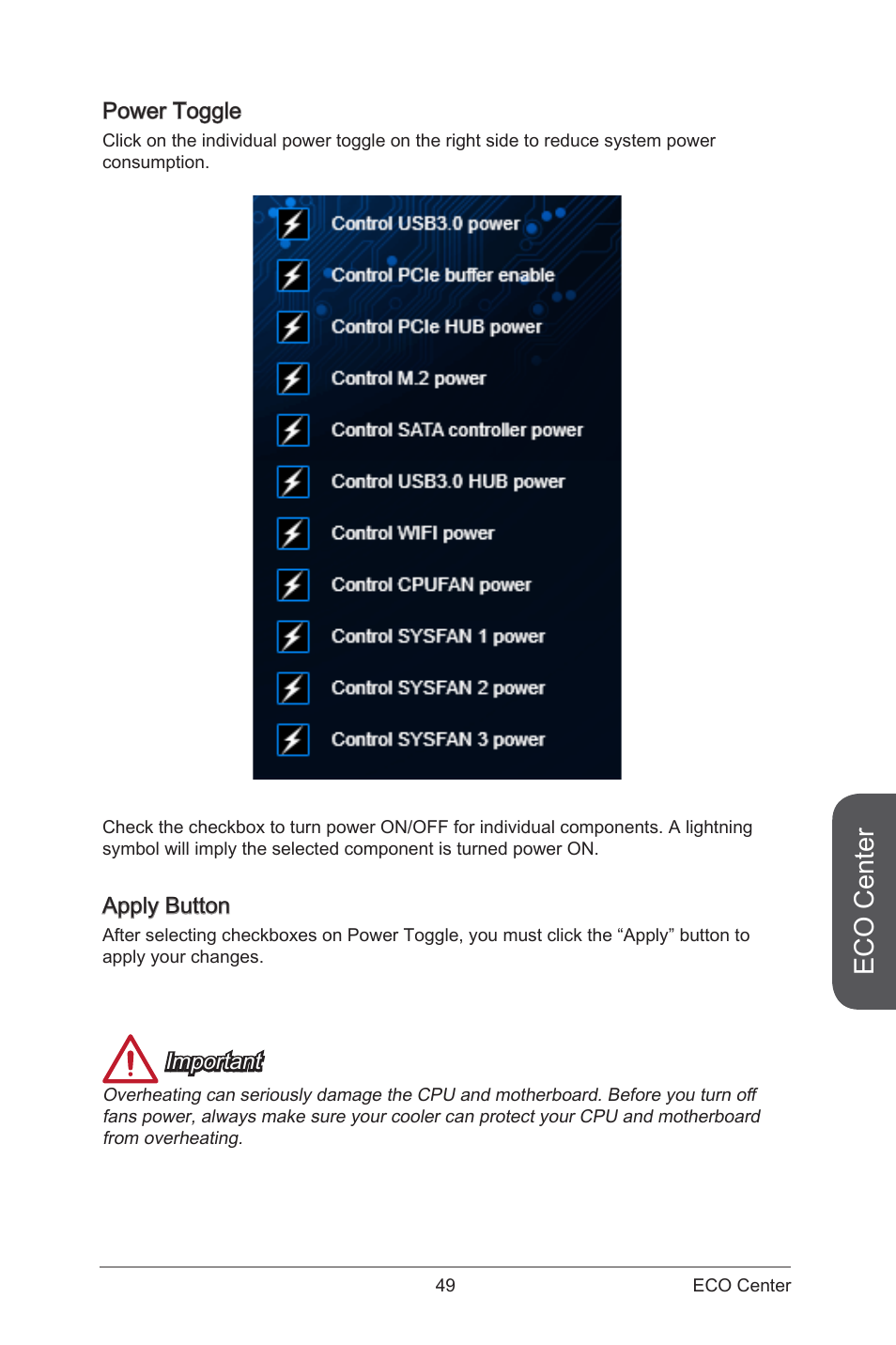 Power toggle apply button, Eco center | MSI ATX Motherboard User Manual | Page 55 / 64