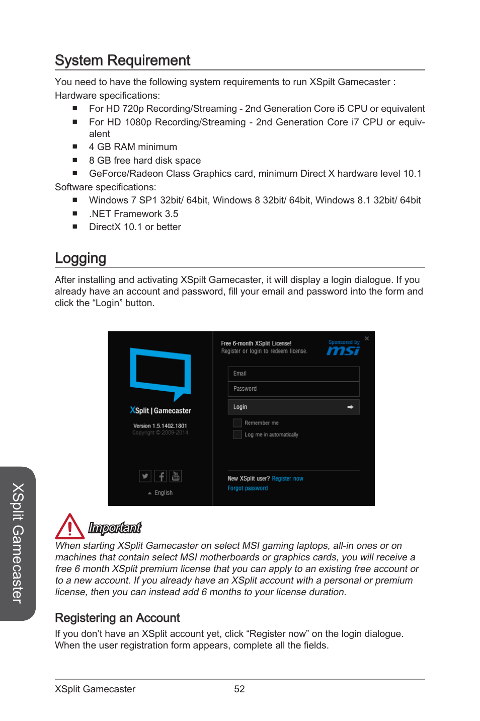 System requirement logging, Registering an account, Xsplit gamecaster | System requirement, Logging, Important | MSI ATX Motherboard User Manual | Page 58 / 64