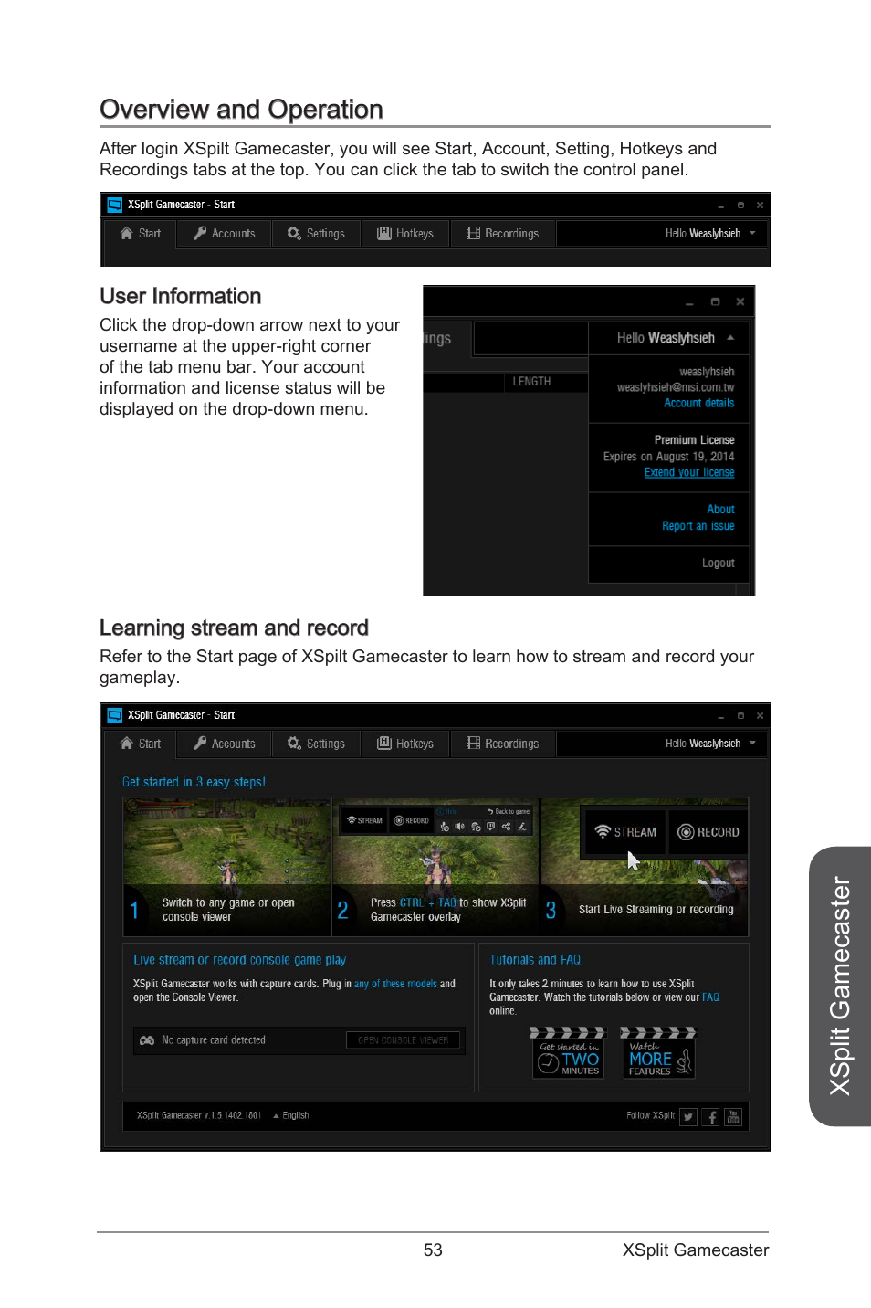 Overview and operation, User information learning stream and record, Xsplit gamecaster | MSI ATX Motherboard User Manual | Page 59 / 64