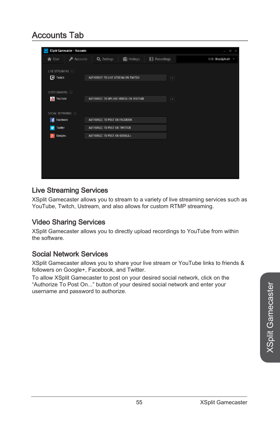 Accounts tab, Xsplit gamecaster | MSI ATX Motherboard User Manual | Page 61 / 64