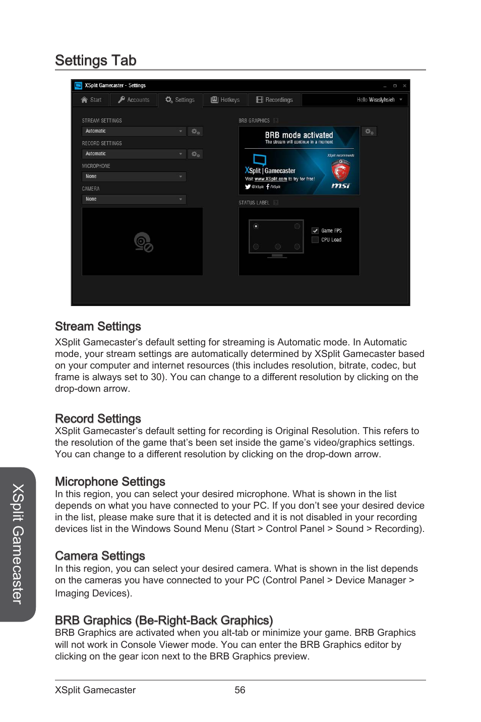 Settings tab, Stream settings, Xsplit gamecaster | MSI ATX Motherboard User Manual | Page 62 / 64