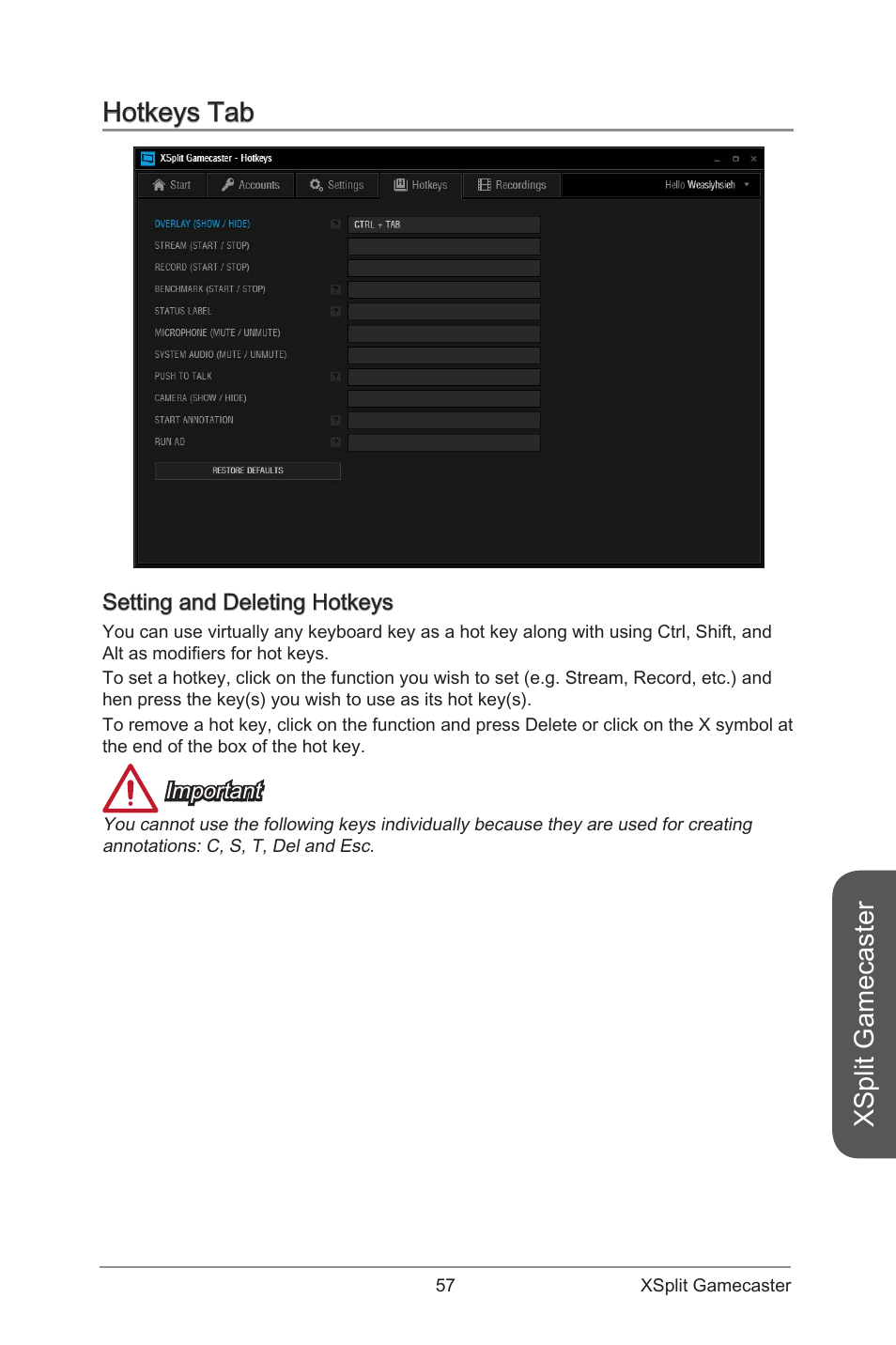 Hotkeys tab, Setting and deleting hotkeys, Xsplit gamecaster | MSI ATX Motherboard User Manual | Page 63 / 64