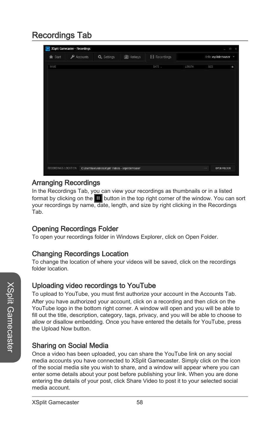 Recordings tab, Xsplit gamecaster, Arranging recordings | Opening recordings folder, Changing recordings location, Uploading video recordings to youtube, Sharing on social media | MSI ATX Motherboard User Manual | Page 64 / 64