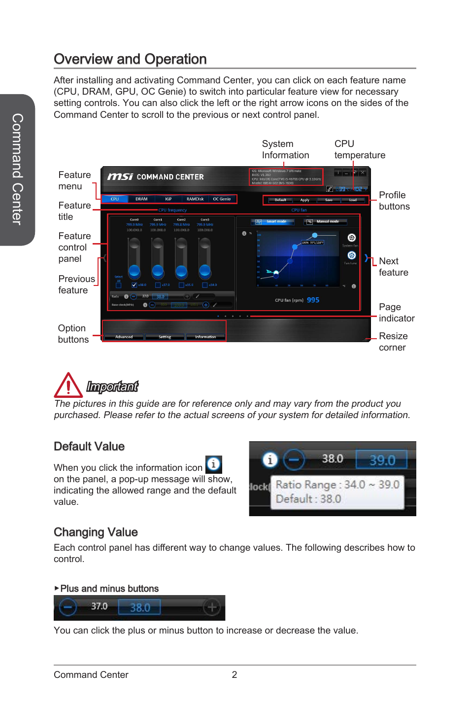 Overview and operation, Default value changing value, Command center | Default value, Changing value, Important | MSI ATX Motherboard User Manual | Page 8 / 64