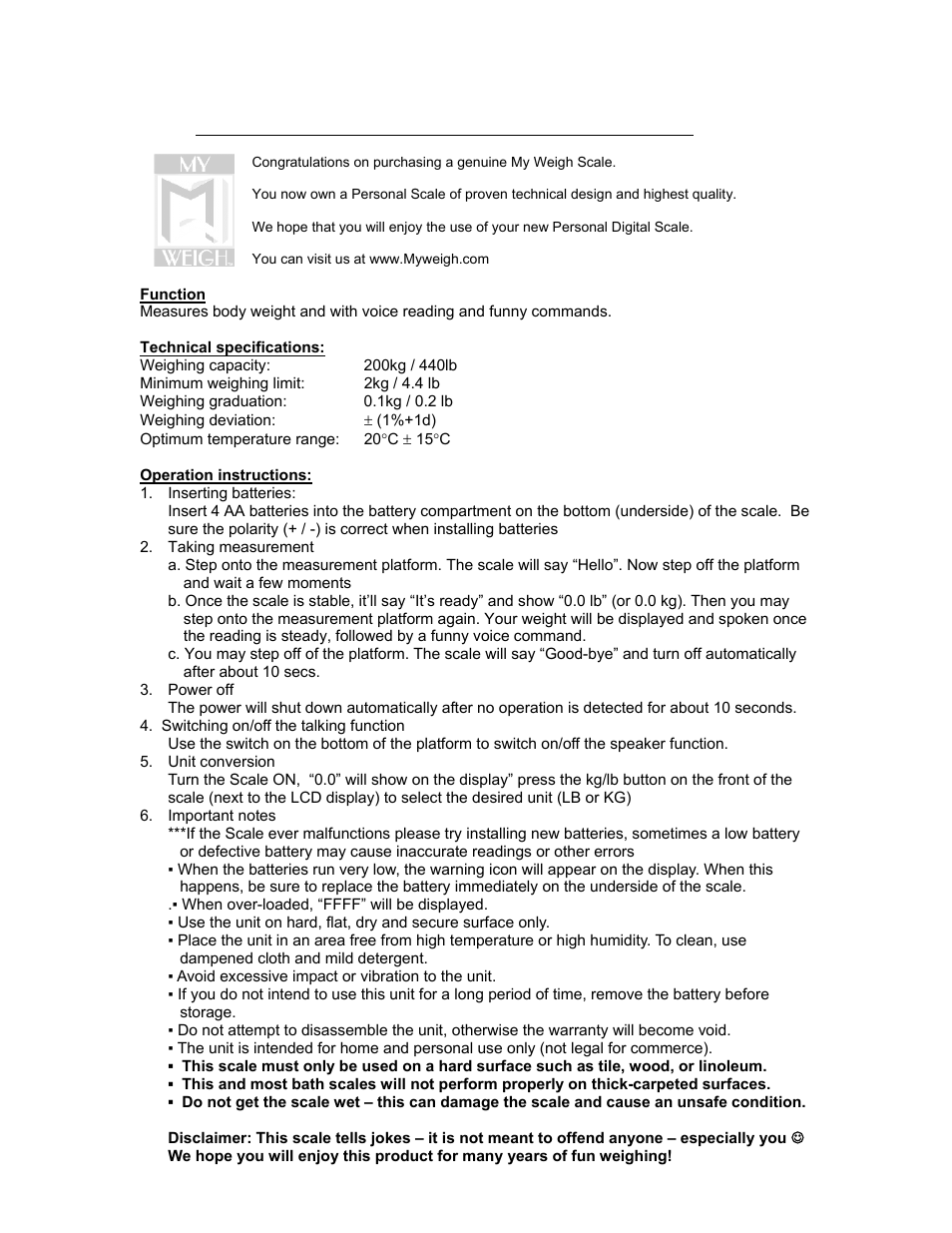 MyWeigh FUN WEIGH User Manual | 1 page