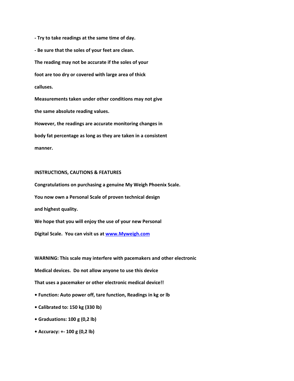 MyWeigh PHOENIX BODYFAT SCALE User Manual | Page 2 / 7