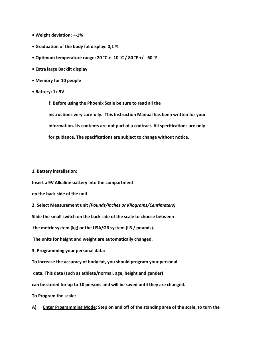 MyWeigh PHOENIX BODYFAT SCALE User Manual | Page 3 / 7