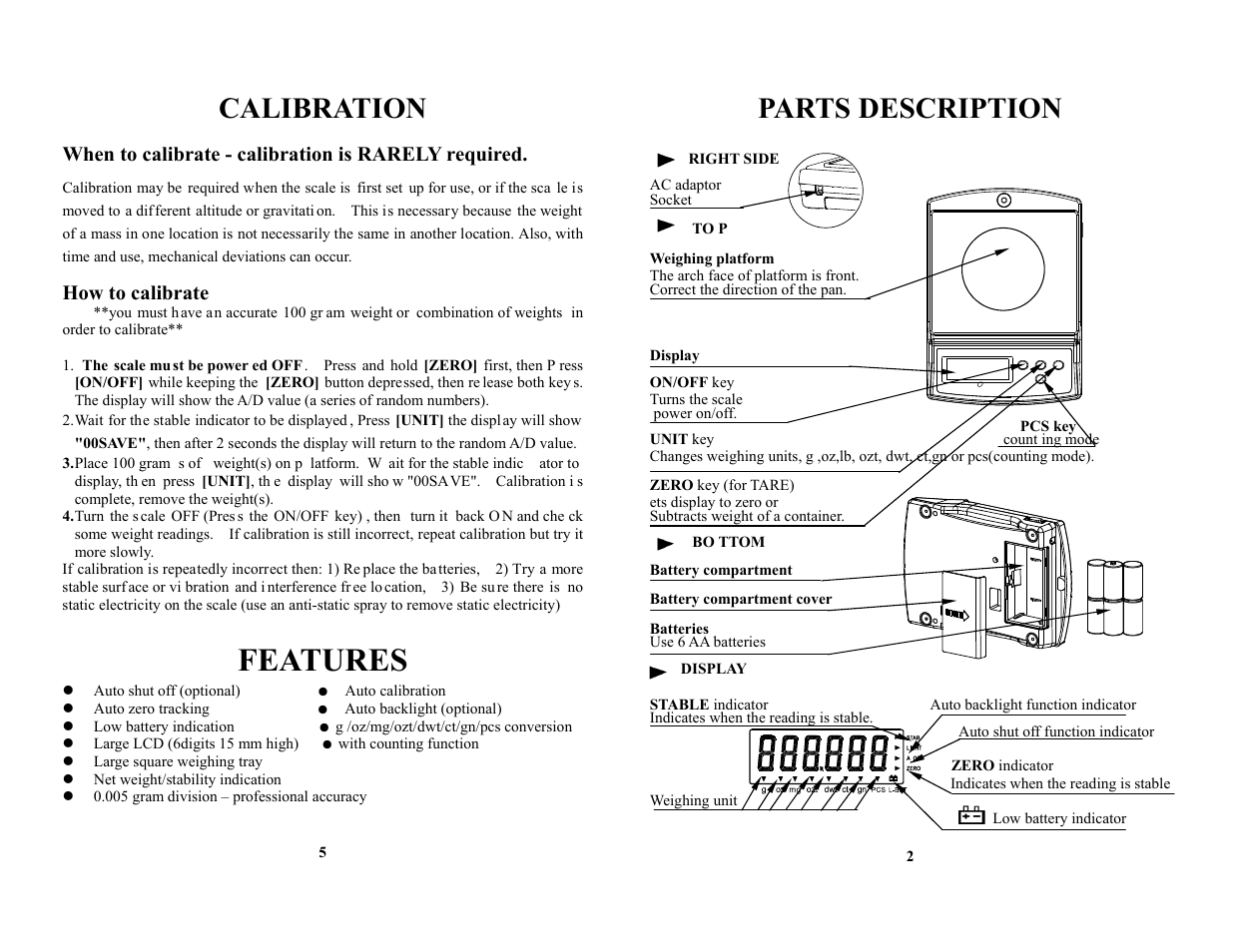 Features, Calibration, Parts description | When to calibrate - calibration is rarely required, How to calibrate | MyWeigh iBALANCE 201 User Manual | Page 3 / 4