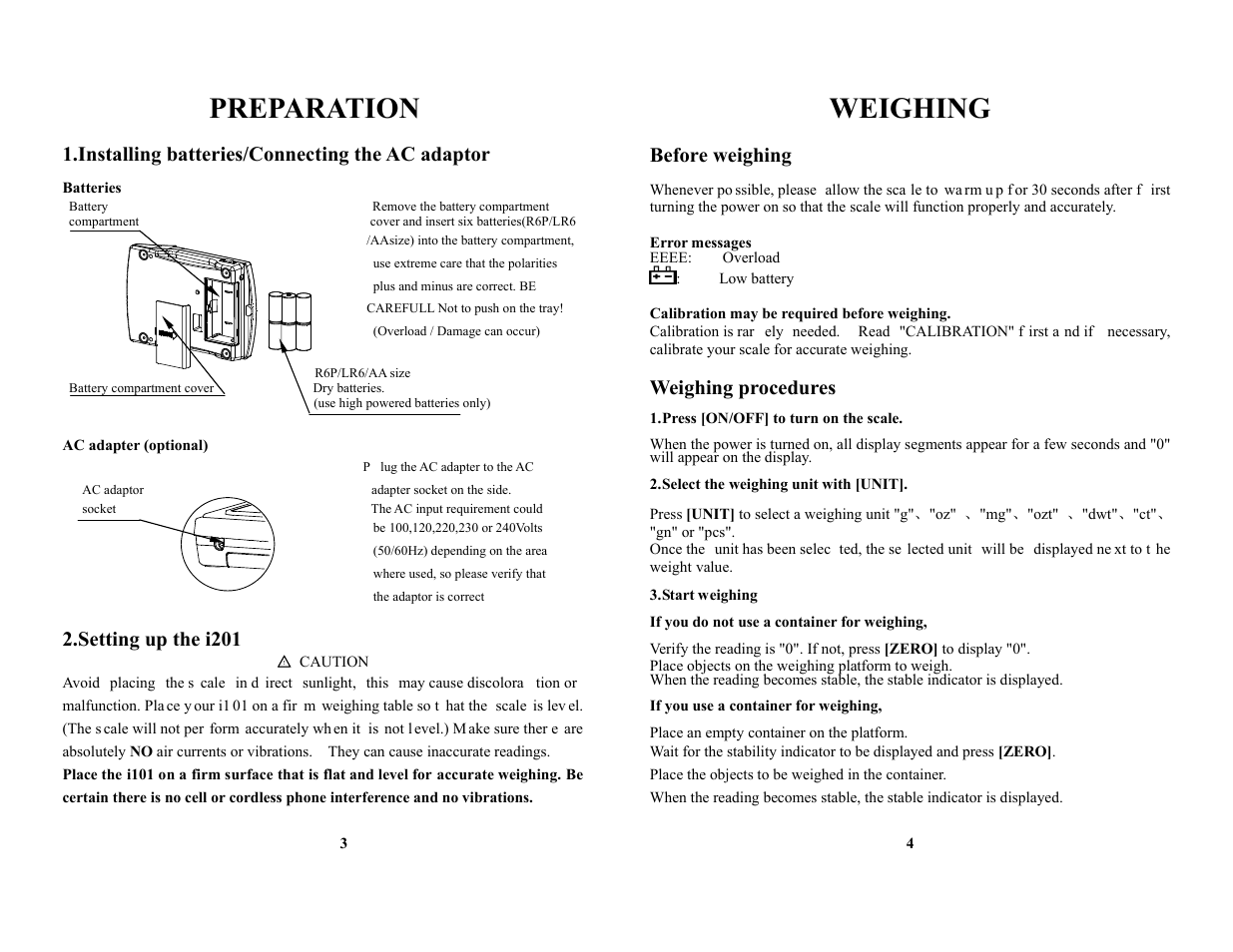Preparation, Weighing, Installing batteries/connecting the ac adaptor | Setting up the i201, Before weighing, Weighing procedures | MyWeigh iBALANCE 201 User Manual | Page 4 / 4