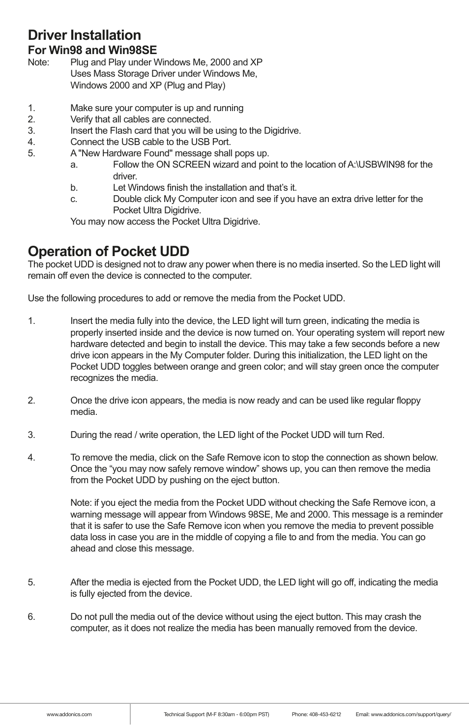 Driver installation, Operation of pocket udd, For win98 and win98se | Addonics Technologies POCKET ULTRA DIGIDRIVE AEPUDDSA9 User Manual | Page 3 / 4