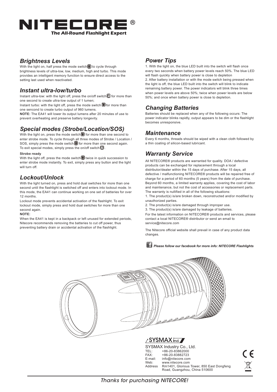 Features, Dimensions, Operation instructions | Output & runtime, Power tips, Changing batteries, Maintenance, Warranty service, On/off operation, Standby mode | NITECORE EA41 User Manual | Page 2 / 2