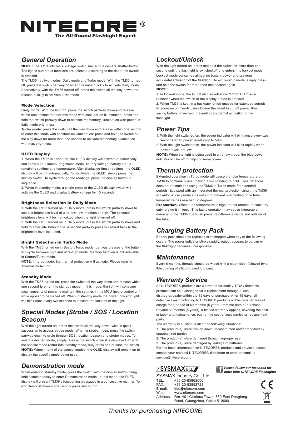 Features, Dimensions, Accessories | Battery options, Operation instructions, Output & runtime, Lockout/unlock, Power tips, Thermal protection, Charging battery pack | NITECORE TM 36 User Manual | Page 2 / 2