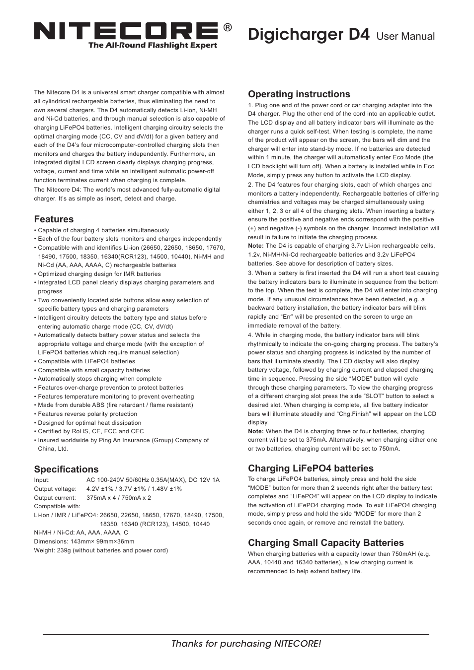 NITECORE D4 User Manual | 2 pages
