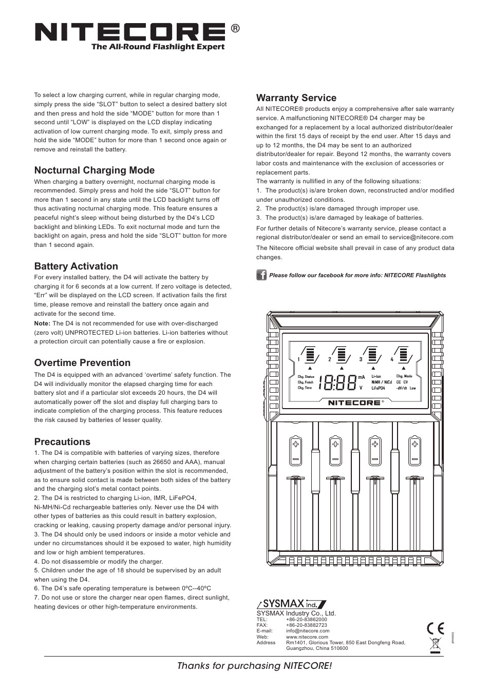 Features, Specifications, Operating instructions | Charging lifepo4 batteries, Charging small capacity batteries, Nocturnal charging mode, Battery activation, Overtime prevention, Precautions, Warranty service | NITECORE D4 User Manual | Page 2 / 2