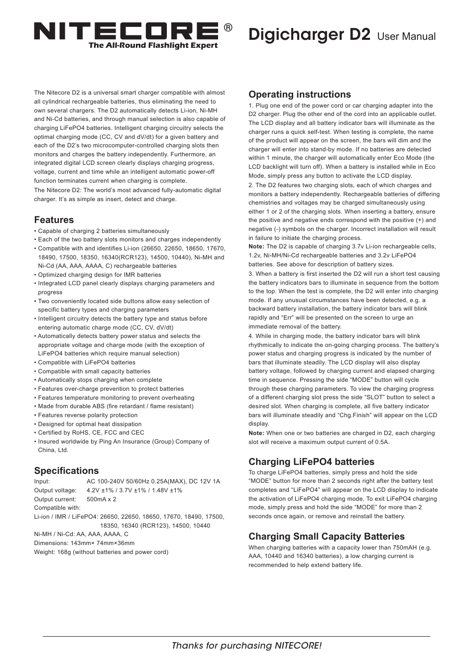 NITECORE D2 User Manual | 2 pages