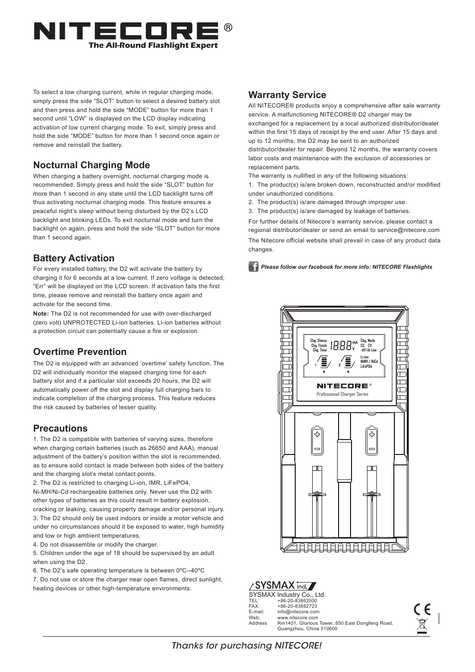 Features, Specifications, Operating instructions | Charging lifepo4 batteries, Charging small capacity batteries, Nocturnal charging mode, Battery activation, Overtime prevention, Precautions, Warranty service | NITECORE D2 User Manual | Page 2 / 2