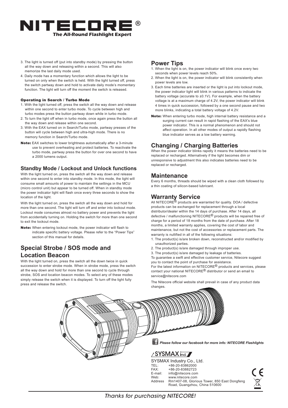 Features, Dimensions, Accessories | Battery options battery installation, Power tips, Changing / charging batteries, Maintenance, Warranty service, General operation, Special strobe / sos mode and location beacon | NITECORE EAX User Manual | Page 2 / 2