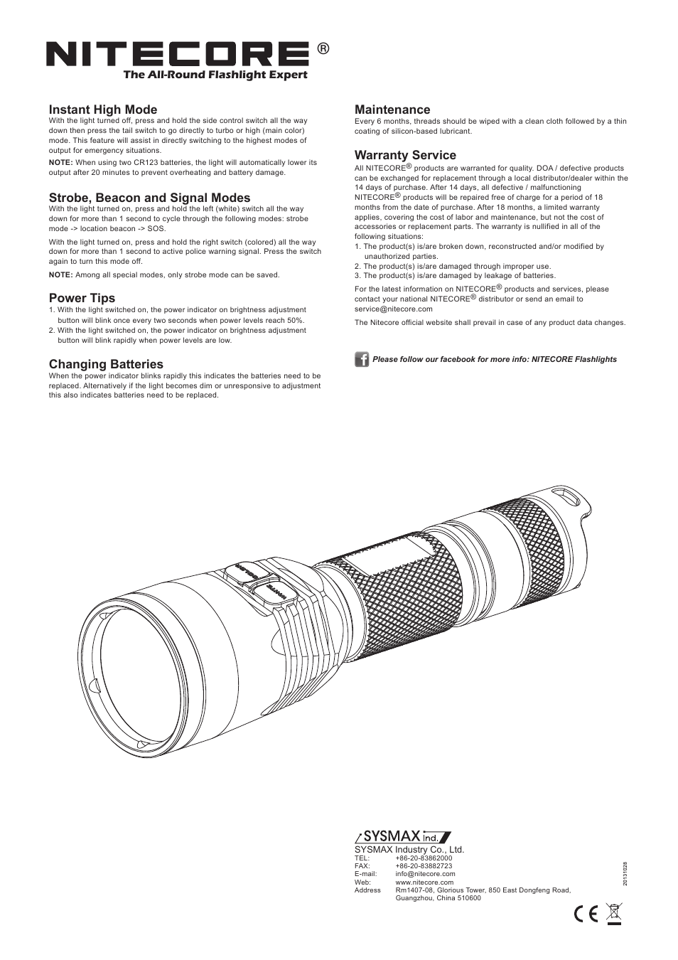 Brightness & runtime, Features, Dimensions | Accessories, Battery options, Operation instructions, Momentary illumination, Switching on/off, Brightness selection, Instant high mode | NITECORE CB6 User Manual | Page 2 / 2