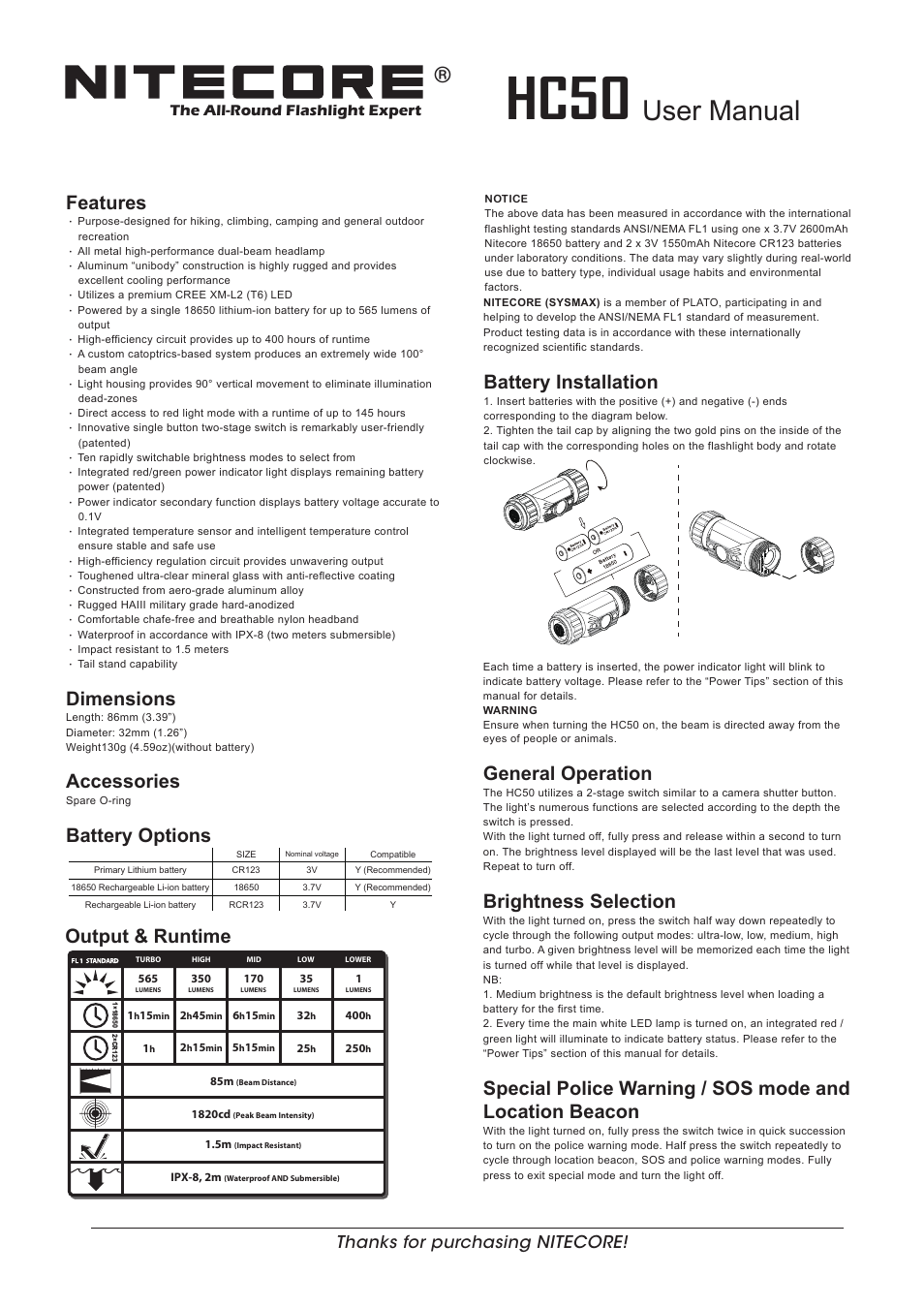 NITECORE HC50 User Manual | 2 pages