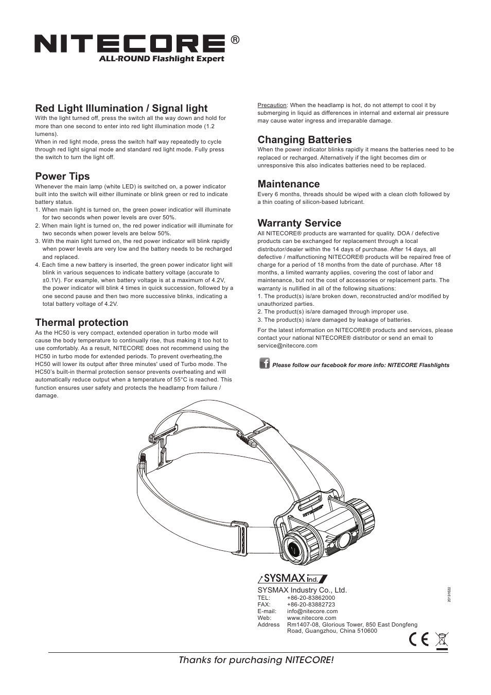 Features, Dimensions, Accessories | Battery options battery installation, Changing batteries, Maintenance, Warranty service, Red light illumination / signal light, Power tips, Thermal protection | NITECORE HC50 User Manual | Page 2 / 2