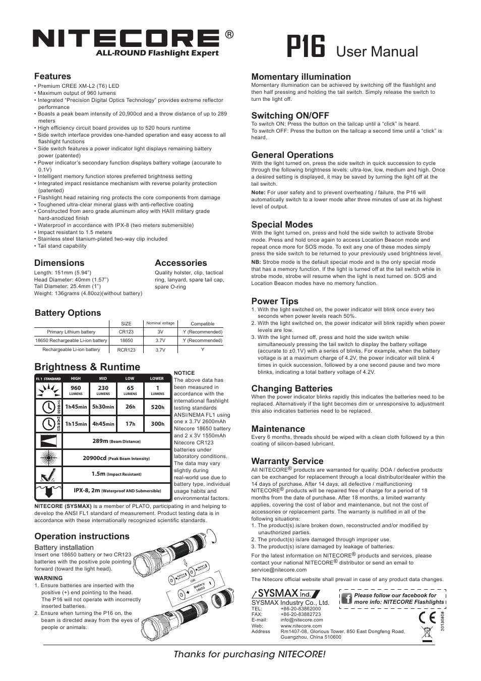 NITECORE P16 User Manual | 1 page