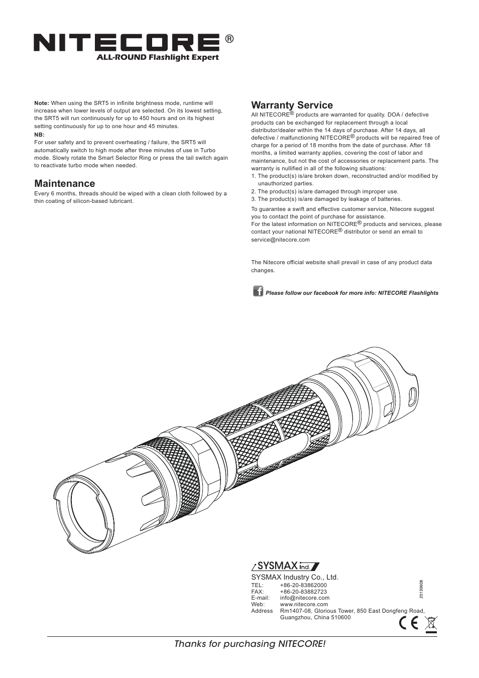 Features, Dimensions, Accessories | Battery options, Switching on/off, Momentary illumination, Adjusting output, Warranty service, Maintenance, Battery installation | NITECORE SRT5 User Manual | Page 2 / 2