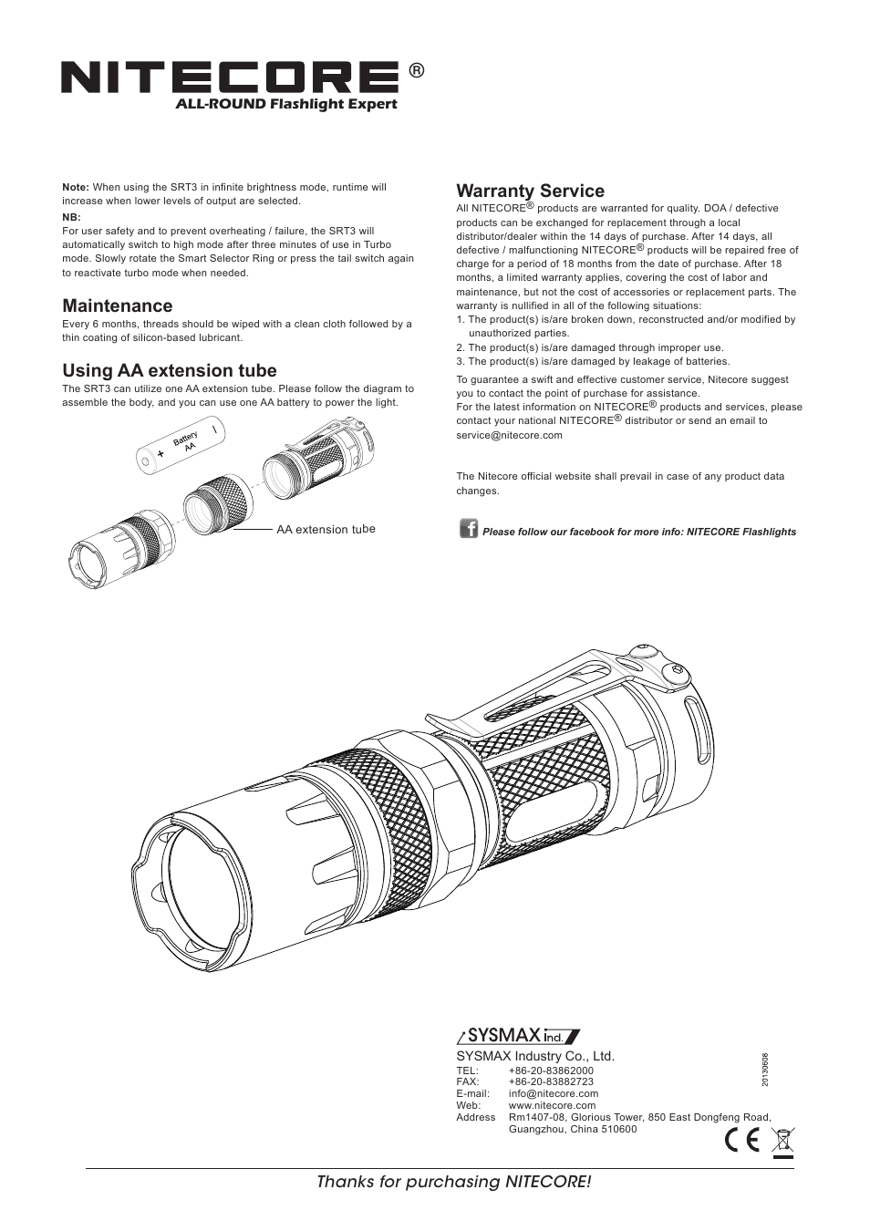 Features, Dimensions, Switching on/off | Momentary illumination, Adjusting output, Warranty service, Maintenance, Using aa extension tube, Battery installation, Output & runtime accessories | NITECORE SRT3 User Manual | Page 2 / 2