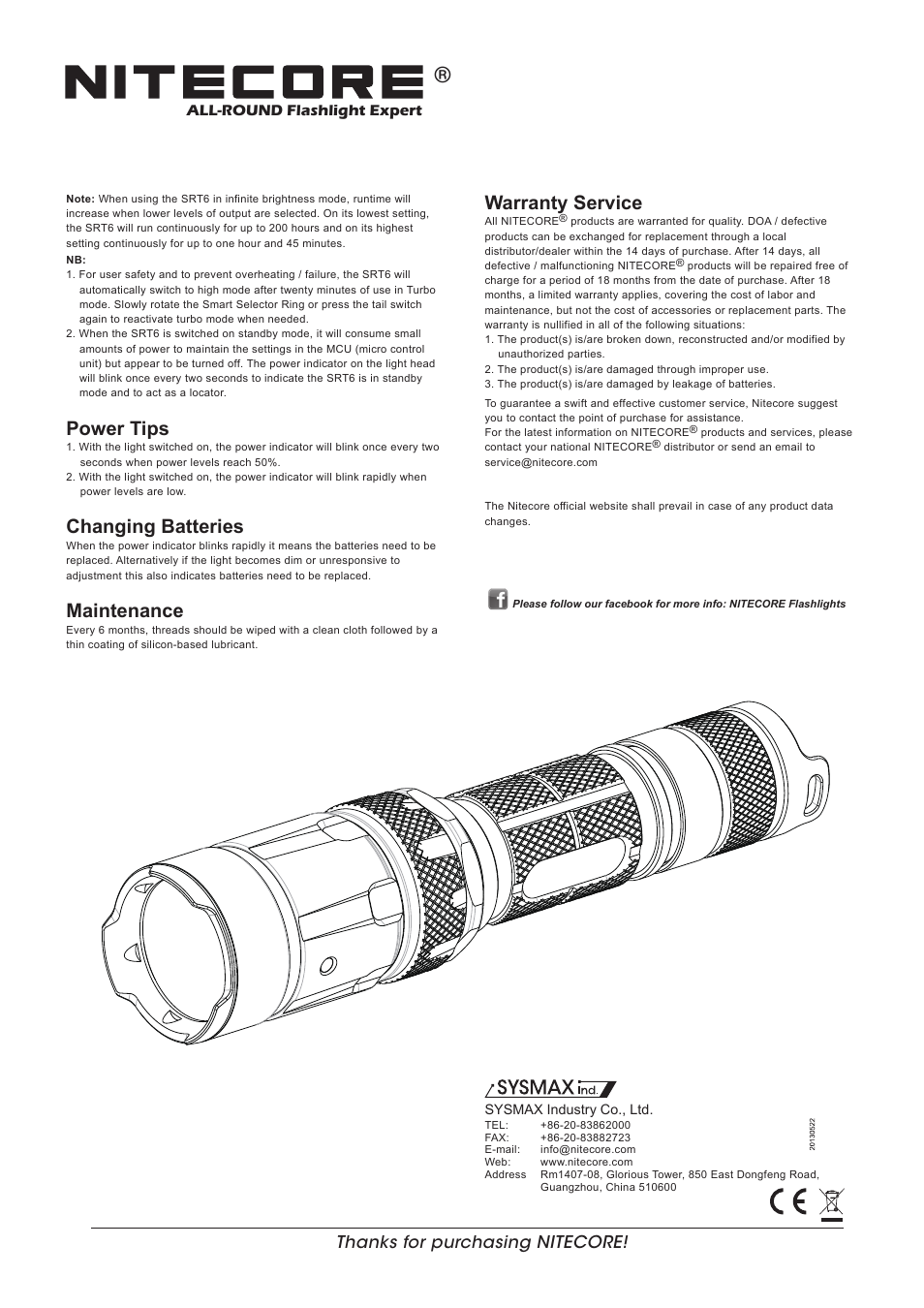 Features, Dimensions, Accessories | Battery options, Switching on/off, Momentary illumination, Adjusting output, Warranty service, Power tips, Changing batteries | NITECORE SRT6 User Manual | Page 2 / 2