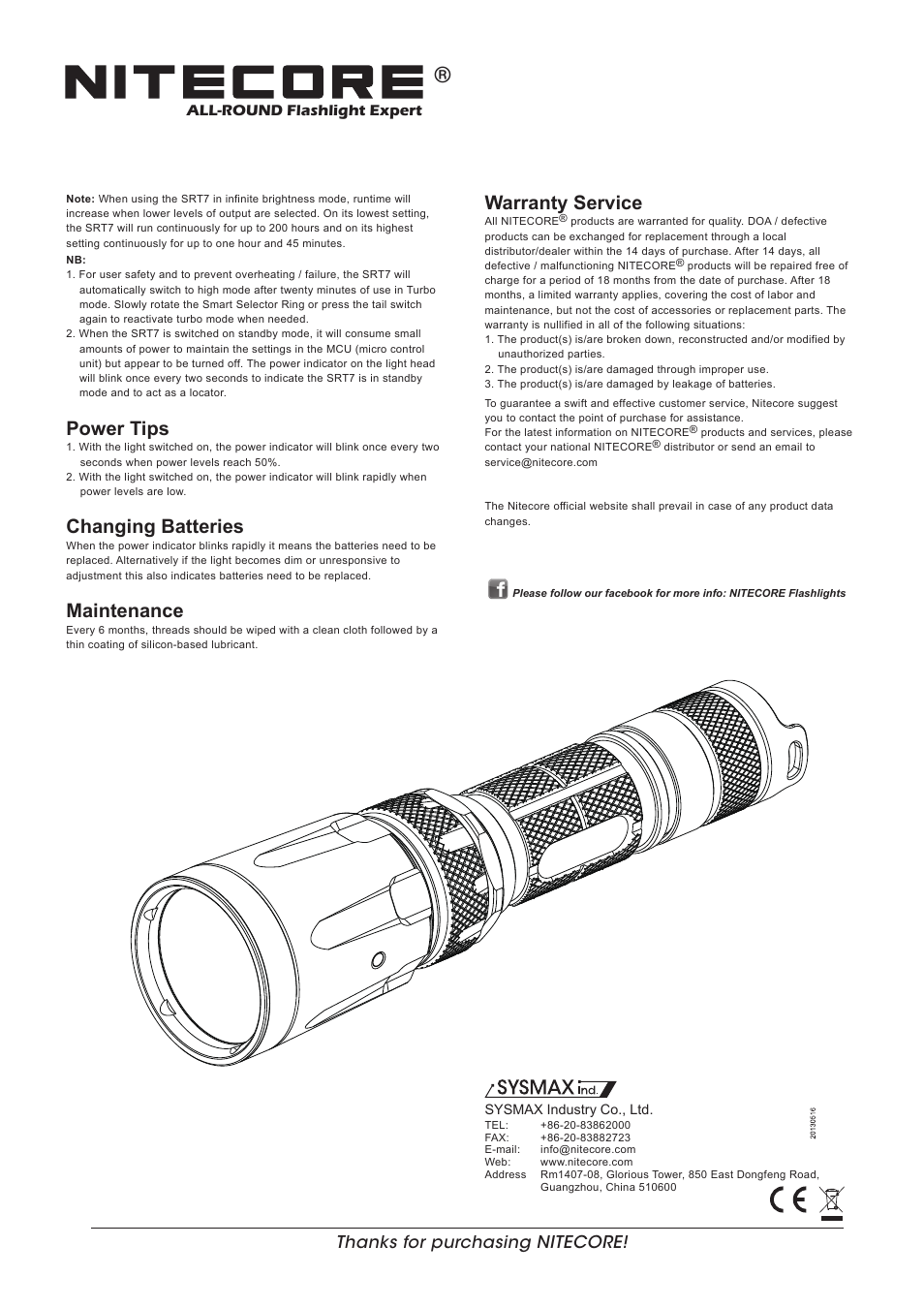 Features, Dimensions, Accessories | Battery options, Switching on/off, Momentary illumination, Adjusting output, Warranty service, Power tips, Changing batteries | NITECORE SRT7 User Manual | Page 2 / 2