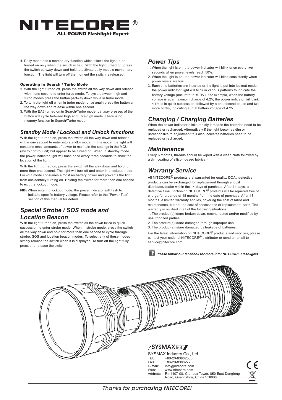 Features, Dimensions, Battery installation | Output & runtime, Power tips, Changing / charging batteries, Maintenance, Warranty service, General operation, Special strobe / sos mode and location beacon | NITECORE EA8 User Manual | Page 2 / 2