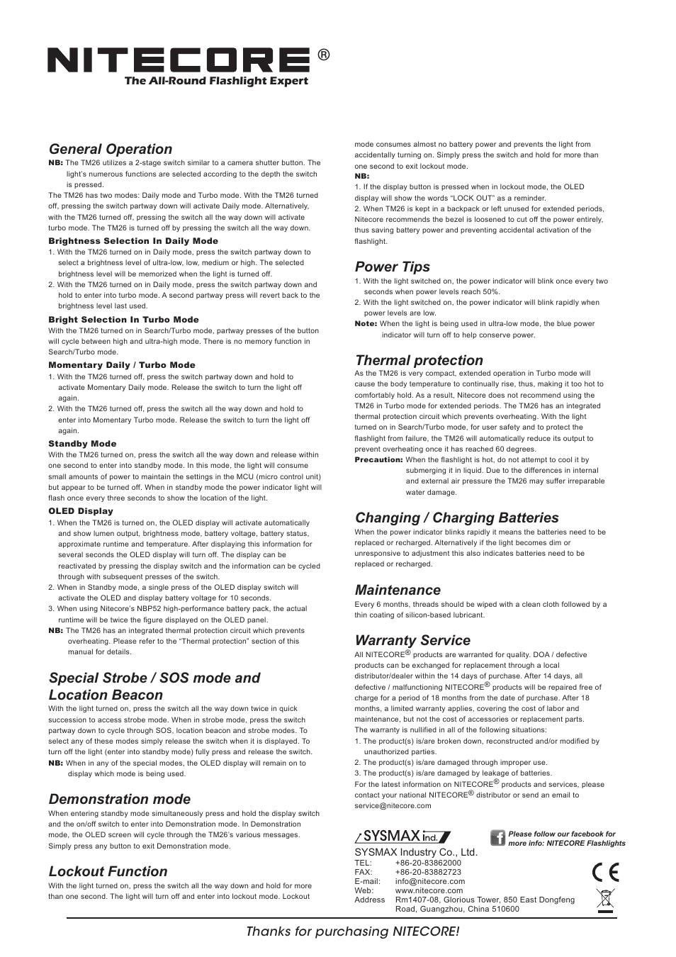 Features, Dimensions, Accessories | Battery options operation instructions, Output & runtime, Power tips, Thermal protection, Changing / charging batteries, Maintenance, Warranty service | NITECORE TM26 User Manual | Page 2 / 2