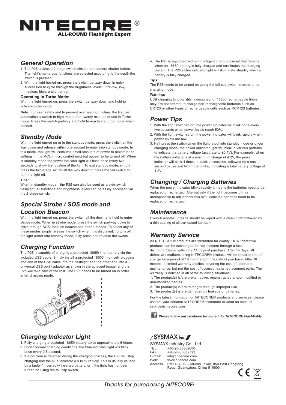 Features, Dimensions, Accessories | Battery options battery installation, Power tips, Changing / charging batteries, Maintenance, Warranty service, Switching on/off, Momentary illumination | NITECORE P25 User Manual | Page 2 / 2