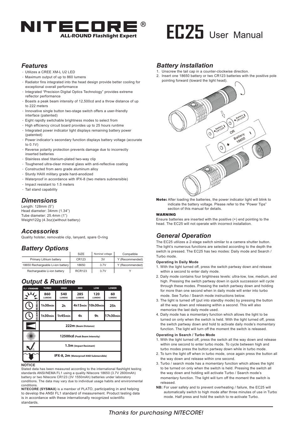 NITECORE EC25 User Manual | 2 pages