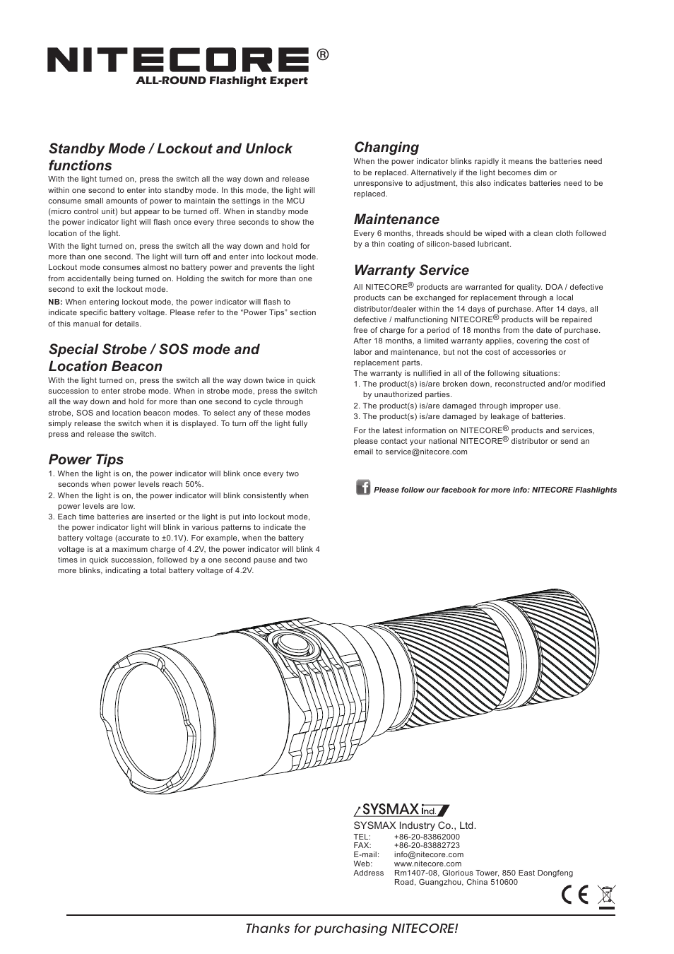Features, Dimensions, Accessories | Battery options battery installation, Output & runtime, Changing, Maintenance, Warranty service, General operation, Standby mode / lockout and unlock functions | NITECORE EC25 User Manual | Page 2 / 2