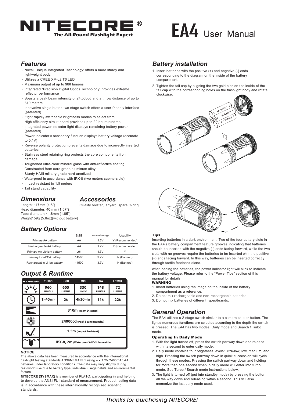 NITECORE EA4 User Manual | 2 pages