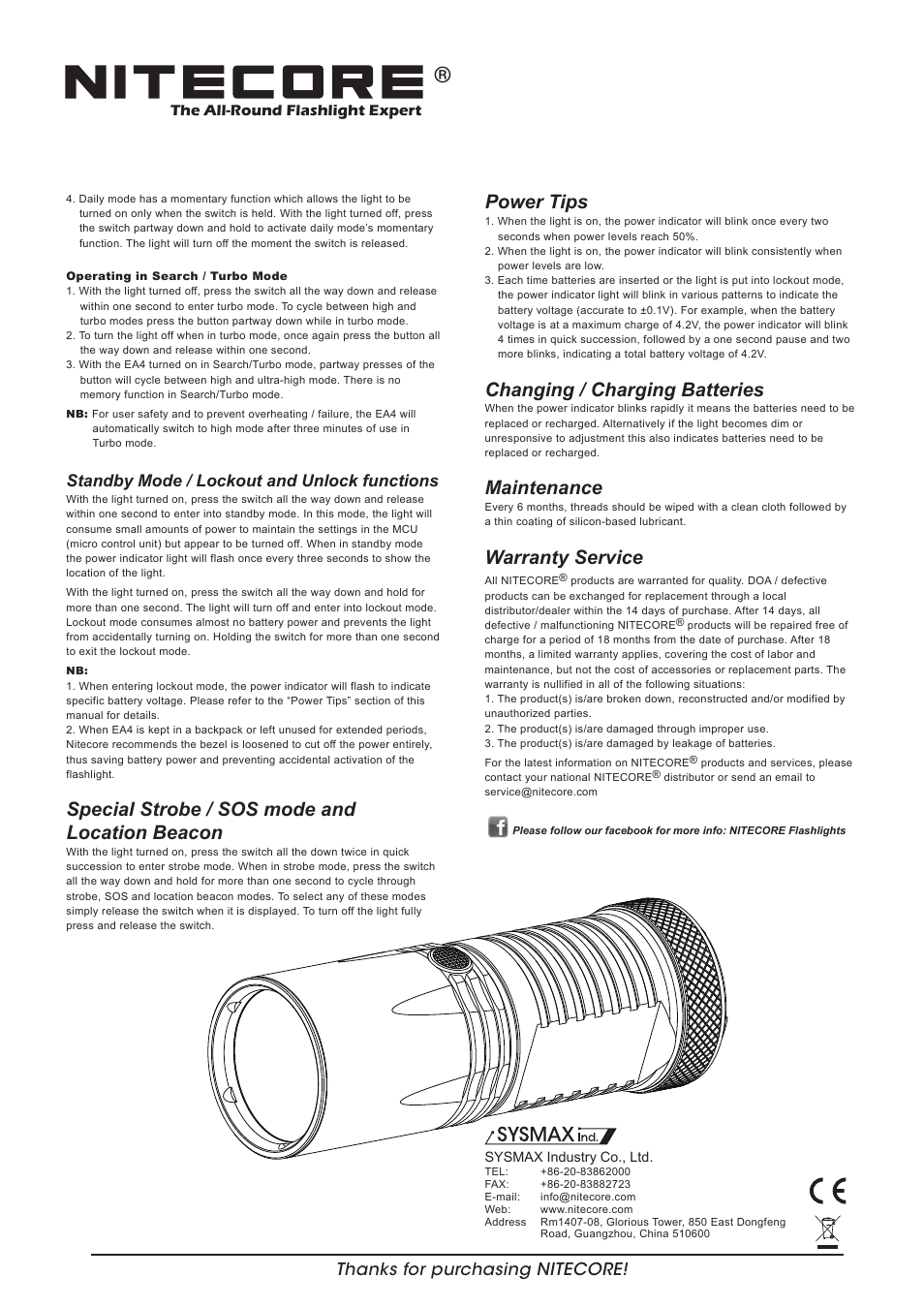 Features, Dimensions, Battery installation | Output & runtime, Power tips, Changing / charging batteries, Maintenance, Warranty service, General operation, Special strobe / sos mode and location beacon | NITECORE EA4 User Manual | Page 2 / 2